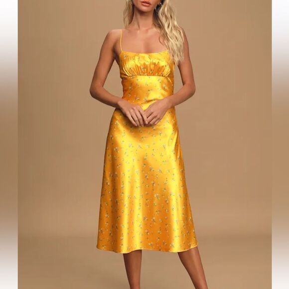 Kourt Dresses & Skirts - KOURT Rachel Yellow Floral Print Satin Midi Dress XS Wedding Guest